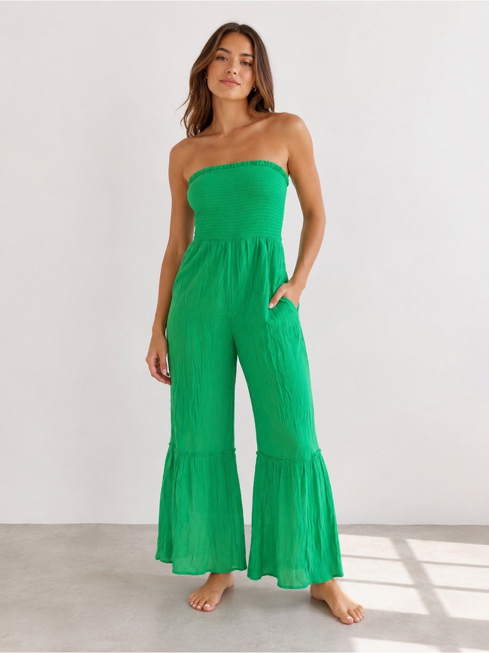 Strapless Smocked Wide-Leg Jumpsuit in Bright Green
